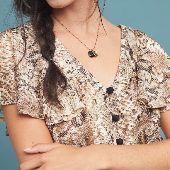 New! Anthropologie Willow Snake-Printed v-neck flutter slv Blouse 33345 - Picture 4 of 15